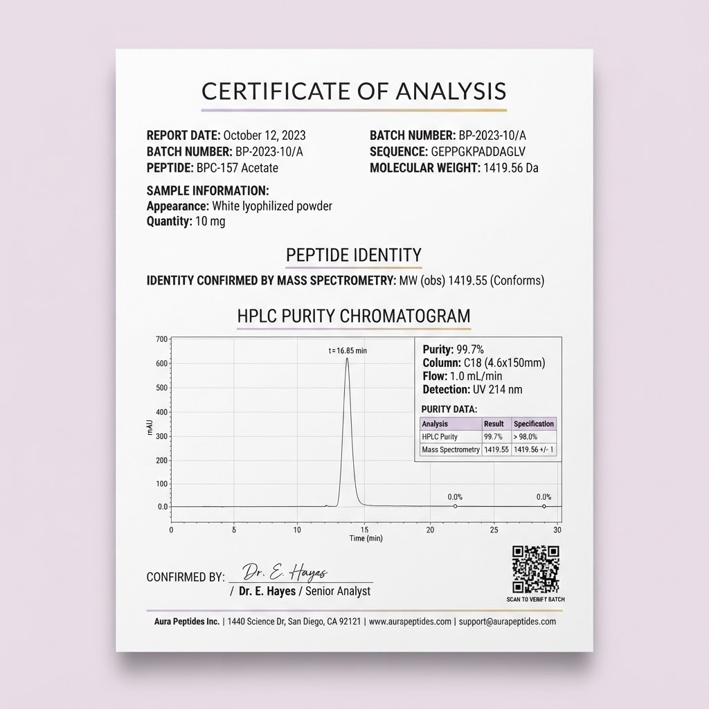 Certificate of Analysis preview with purity chromatogram and QR verification