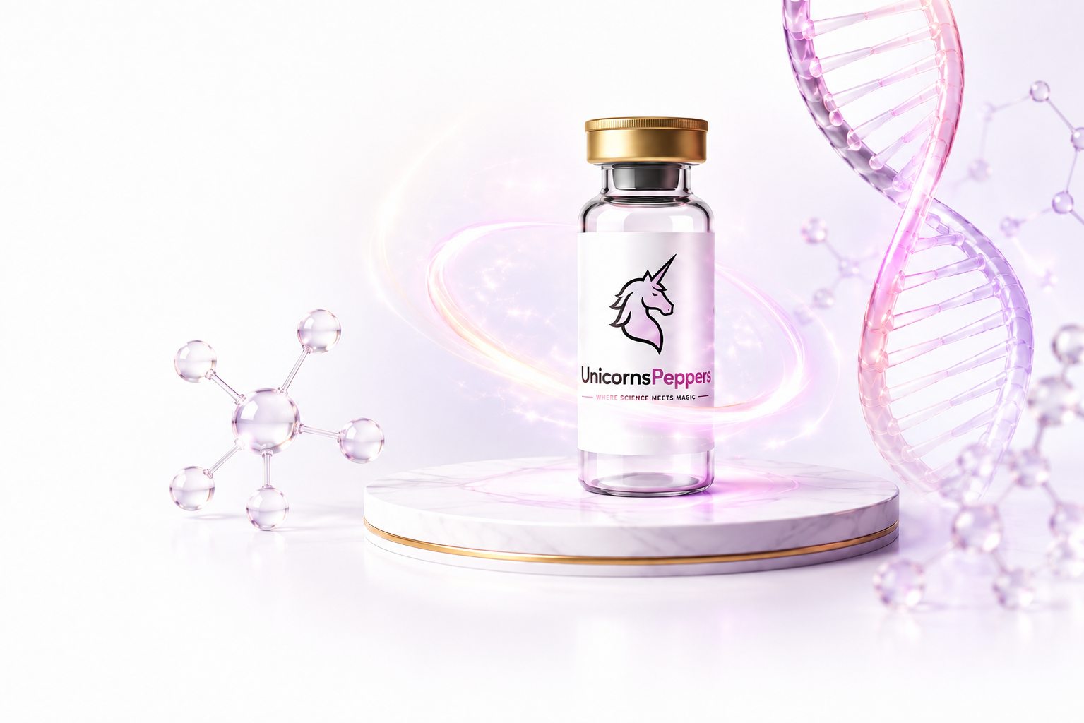 UnicornsPeppers research peptide vial on a marble podium inside a glowing ring, with a pink DNA helix and molecules